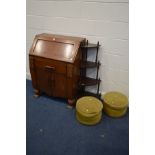 AN ART DECO OAK FALL FRONT BUREAU, oak court cupboard, together with a modern corner what not and