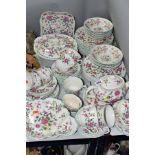 AN OLD FOLEY 'CHINESE ROSE' PATTERN DINNER SERVICE, varying amounts, nine cups, fifteen saucers, six