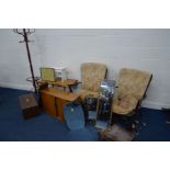 A RUSTIC ELM PLANK TOP TABLE on square legs, a walnut Art Deco two bi fold door cabinet, an oak