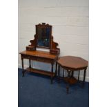 AN EDWARDIAN WALNUT DRESSING TABLE with four drawers, on turned legs united by an undershelf,