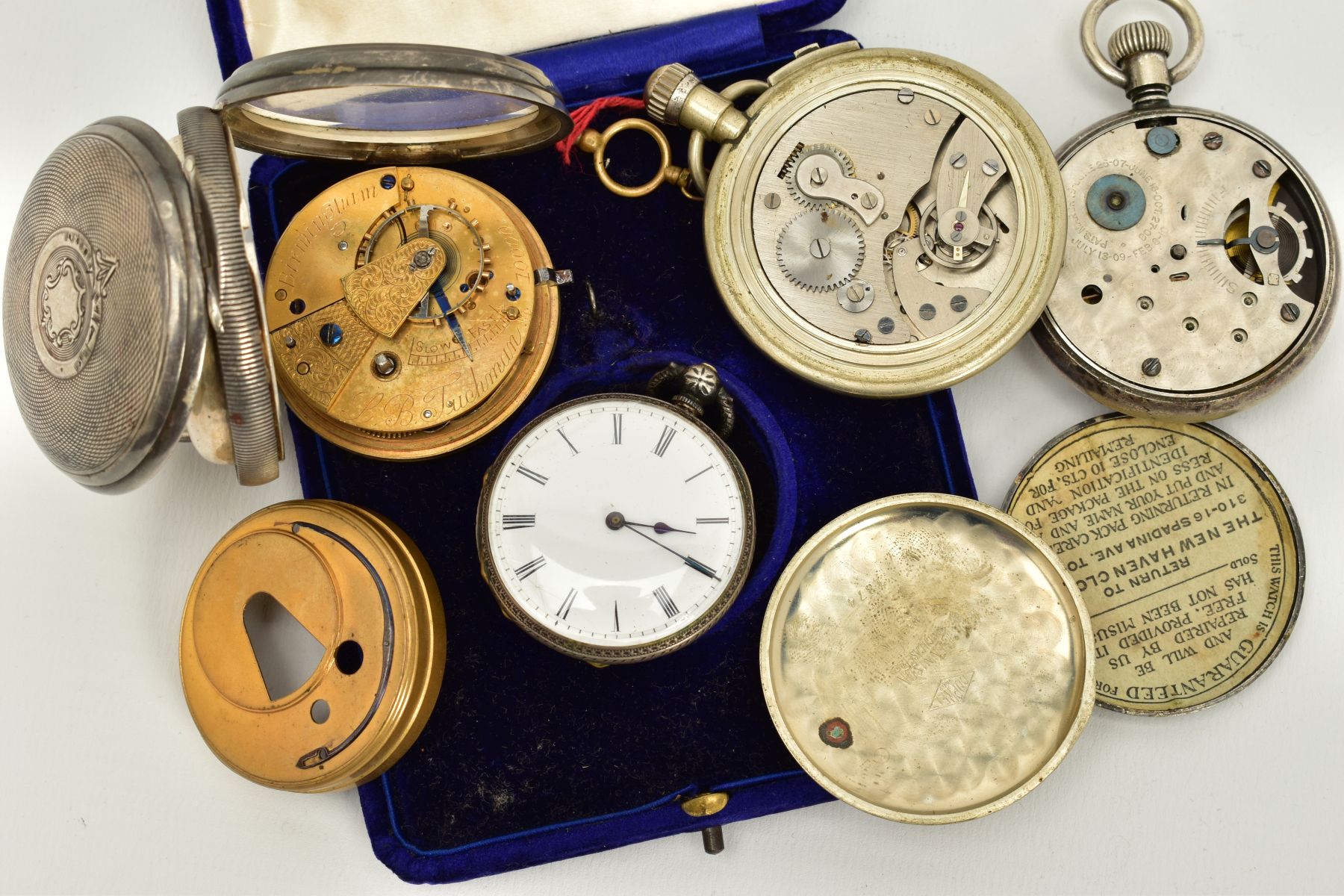 THREE POCKET WATCHES AND A STOP WATCH, to include a silver open faced watch, white dial, Roman - Image 4 of 7