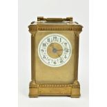 A BRASS CASED GLASS SIDED CARRIAGE CLOCK, fancy enamel chapter ring with hour, minute and seconds
