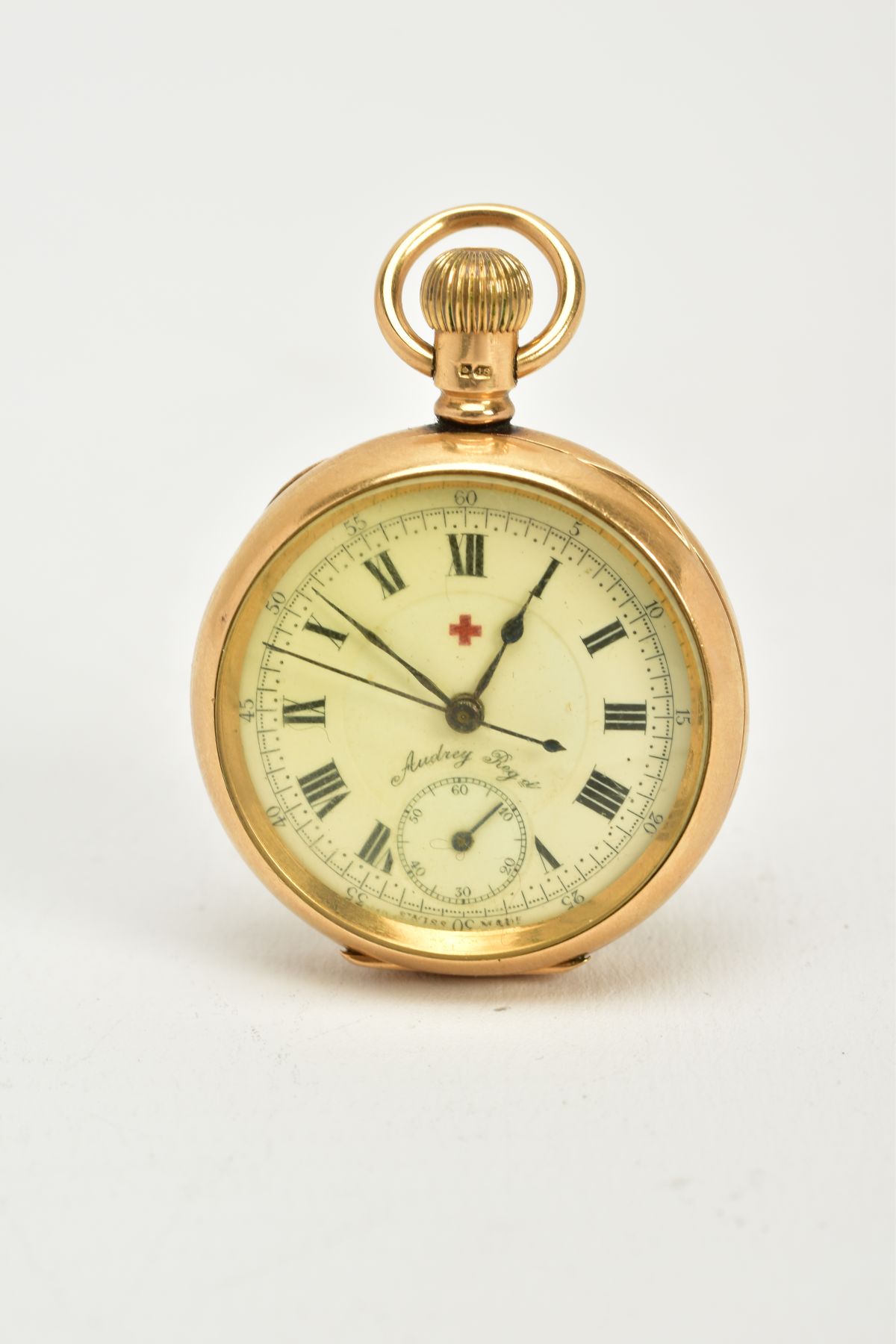 AN 18CT GOLD RED CROSS OPEN FACED POCKET WATCH, white enamel dial signed 'Audrey Reg', Roman