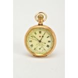 AN 18CT GOLD RED CROSS OPEN FACED POCKET WATCH, white enamel dial signed 'Audrey Reg', Roman