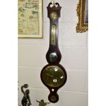 AN EARLY 19TH CENTURY MAHOGANY AND SATINWOOD STRUNG WHEEL BAROMETER, broken swan neck pediment, with