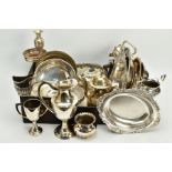 A SELECTION OF METALWARE, to include a white metal water jug, an EPNS teapot with scroll handle on