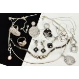 A COLLECTION OF WHITE METAL ASSORTED JEWELLERY ITEMS, to include a large cubic zirconia dress