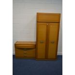 A 1970'S TEAK FINISH TWO PIECE BEDROOM SUITE, comprising a two door wardrobe and dressing chest of