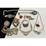 A SELECTION OF WHITE METAL JEWELLERY, to include a Victorian sweet heart brooch, hallmarked