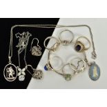 A SMALL QUANTITY OF WHITE METAL JEWELLERY, to include a white metal St. Christopher pendant,