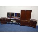 A MODERN MEREDEW MAHOGANY BEDROOM SUITE, comprising a gentleman's wardrobe, dressing table with
