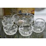 A BOXED HERITAGE CRYSTAL FRUIT BOWL AND SIX DISHES, diameter large bowl approximately 21cm and small