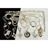 A COLLECTION OF WHITE METAL ASSORTED JEWELLERY ITEMS, to include cubic zirconia pendants, a cubic