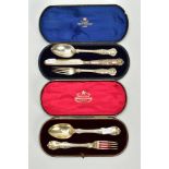 TWO CASED SILVER TRAVEL CUTLERY SETS, the first a three piece Queens pattern set of knife, fork