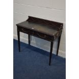 AN EDWARDIAN MAHOGANY LADIES DESK, with a raised back, acanthus banding, blue leather top, two