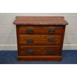 AN EARLY 20TH CENTURY STAINED WOOD CHEST OF THREE LONG DRAWERS, width 97cm x depth 45cm x height