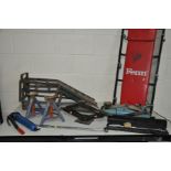 A QUANTITY OF AUTOMOTIVE TOOLS including a Ferm Crawler board, two jacks, Torque wrench, grease gun,