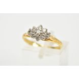 AN 18CT GOLD DIAMOND CLUSTER RING, designed with a lozenge of claw set round brilliant cut diamonds,