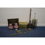A QUANTITY OF BRASSWARE to include a slipper box, three piece fire iron set, two various fire