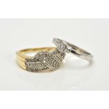 TWO DIAMOND RINGS, the first a 9ct gold, single cut diamond detailed crossover clusters,