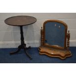 A VICTORIAN SATINWOOD TOILET MIRROR, together with a Georgian mahogany dish top tripod table (sd) (