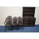 A DARK OAK DRESSER with two drawers, width 122cm x depth 46cm x height 178cm together with a