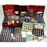 SIX WOODEN CASES HOUSING TWELVE COMMEMORATIVE SETS OF EURO COINS each with different dates to