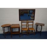 THREE VARIOUS OCCASIONAL TABLES, together with a pair of Edwardian chairs and a bevelled edge wall