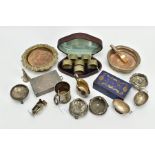 A BOX OF CONTINENTAL WHITE METAL AND SILVER PLATE, including a pair of foliate embossed salts,