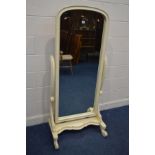 A CREAM PAINTED LATE VICTORIAN STYLE CHEVAL MIRROR, width 73cm x depth 56cm x height 166cm