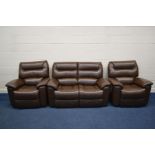A LAY-Z-BOY BROWN LEATHER THREE PIECE LOUNGE SUITE, comprising two seater settee and a pair of