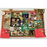 A DISPLAY CASE FILLED WITH BROOCHES, HAT PINS, BUTTONS AND MEDALS, to include a large quantity of
