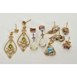FOUR PAIRS OF YELLOW METAL EARRINGS AND A PENDANT, to include a pair of openwork scroll detailed