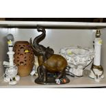FIVE ASSORTED TABLE LAMPS, including one of elephant form, height 38.5cm, a barrel shaped pottery