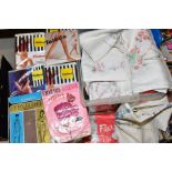 A BOX OF EMBROIDERED TABLE LINEN, HEADSCARVES, WOLFORD TIGHTS, ETC