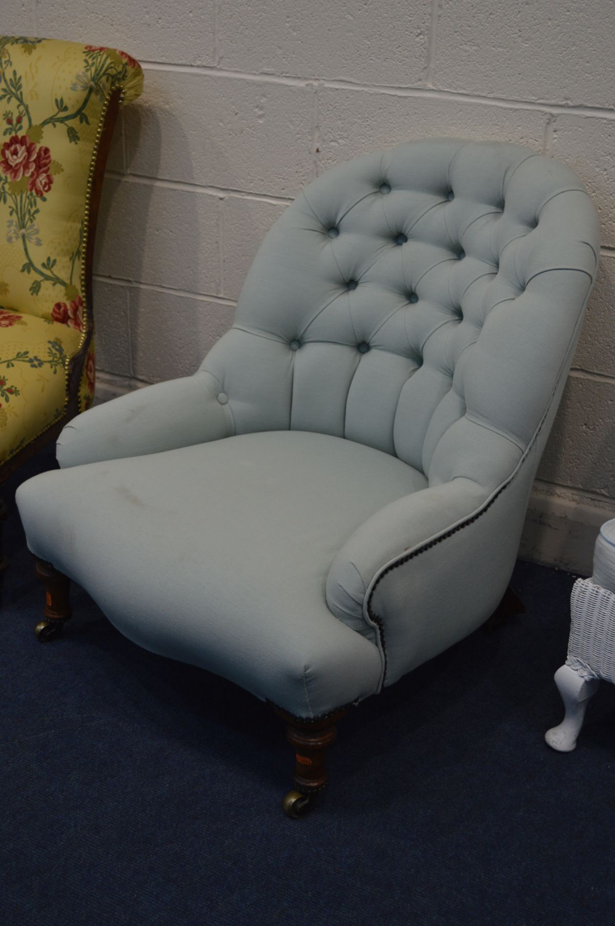 TWO LATE VICTORIAN CHAIRS, one with a scrolled back, the other button back, and a Lloyd Loom bedroom - Image 3 of 4
