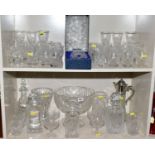 A QUANTITY OF GLASSWARE, including three square decanters, a conical shaped vase, a water jug, a