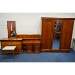 A CHERRYWOOD FRENCH SEVEN PIECE BEDROOM SUITE, comprising a mirrored three door wardrobe, width