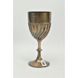 A LATE VICTORIAN SILVER TROPHY CUP, the bowl with a lower band of fluted and reeded decorations,