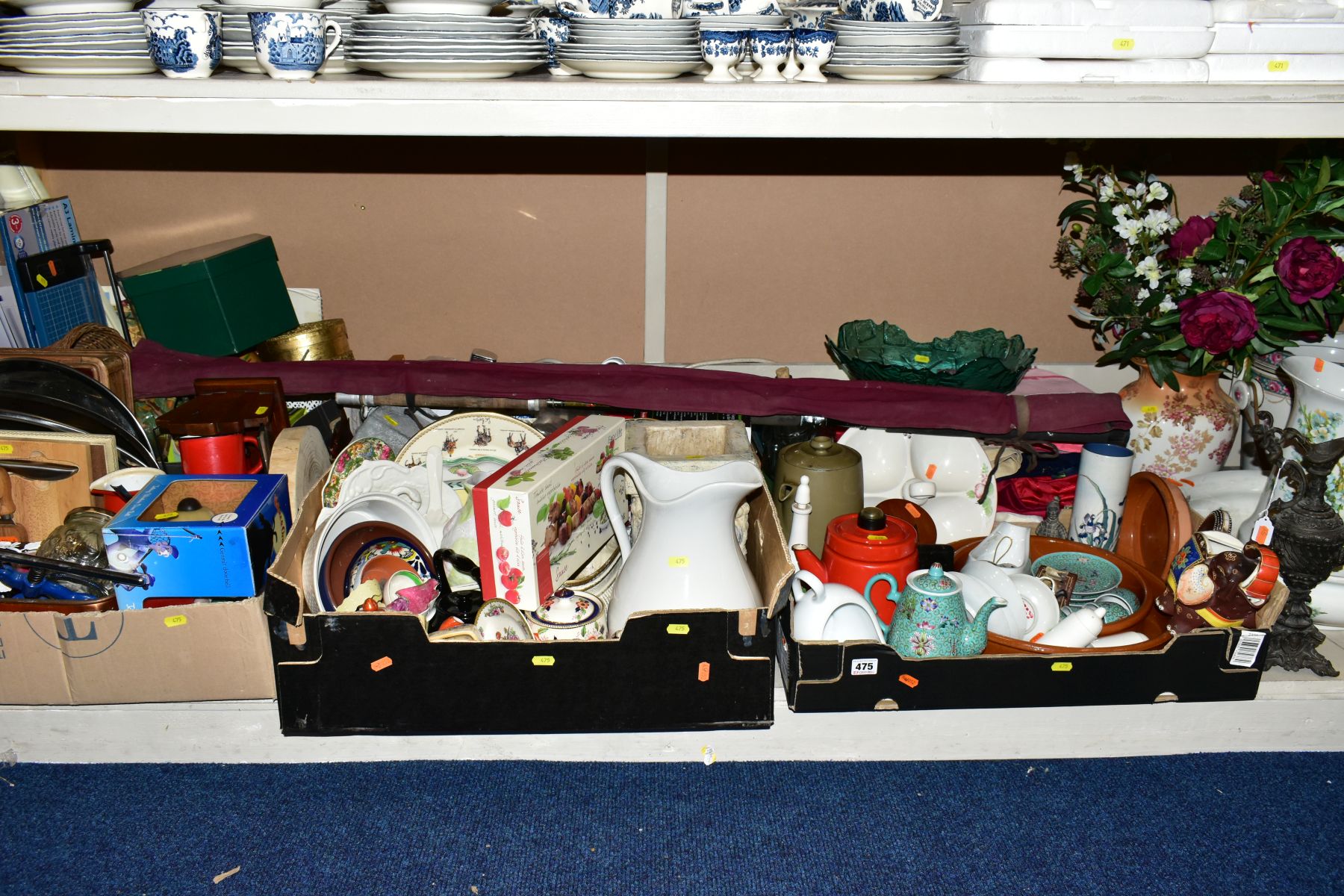 EIGHT BOXES AND LOOSE KITECHENALIA, HOUSEHOLD SUNDRIES, CERAMICS, BOOKS, ETC, including a carbuoy,