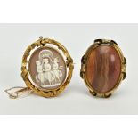 TWO YELLOW METAL BROOCHES, to include a cameo swivel memorial brooch, the cameo depicting the