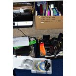 THREE BOXES AND LOOSE SUNDRY ITEMS, to include Denon DP-200USB turntable with instructions (PAT pass