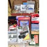 TWO BOXES OF GEARED MOTOR KITS, BOARD GAMES, PLAYING CARDS, etc, including Matchbox Rubik's Magic,
