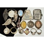 A SELECTION OF ITEMS, to include a silver vesta, of an engraved foliate design and vacant cartouche,