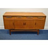 A G PLAN FRESCO TEAK SIDEBOARD, with two short drawers flanking one long drawer, above four cupboard