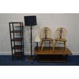 A PAIR OF ERCOL PRINCE OF WALES CHAIRS (partially stripped) together with an oak coffee table, a
