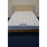 A MODERN PINE 5' BED FRAME, with a Sealey mattress and upholstered headboard