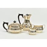 A SILVER FOUR PIECE TEA AND COFFEE SET, comprising teapot of baluster form, hinged domed oval cover,