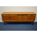 A G PLAN TEAK SIDEBOARD, with double cupboard doors and a single fall front cupboard door flanking