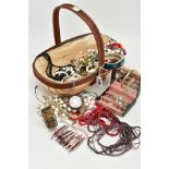 A BASKET AND A BOX OF MAINLY COSTUME JEWELLERY, the wooden basket with contents of costume jewellery